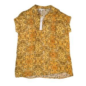 NWT Jane & Delancey M Boho Geometric Button Blouse Yellow Brown Short Sleeves
